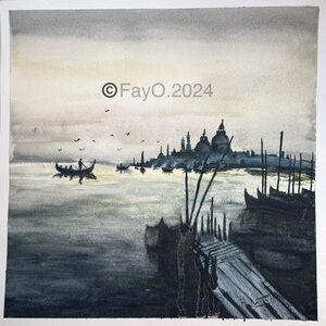 Original Signed Watercolor Painting Calm Gray Blue Canal Scene Venice Italy